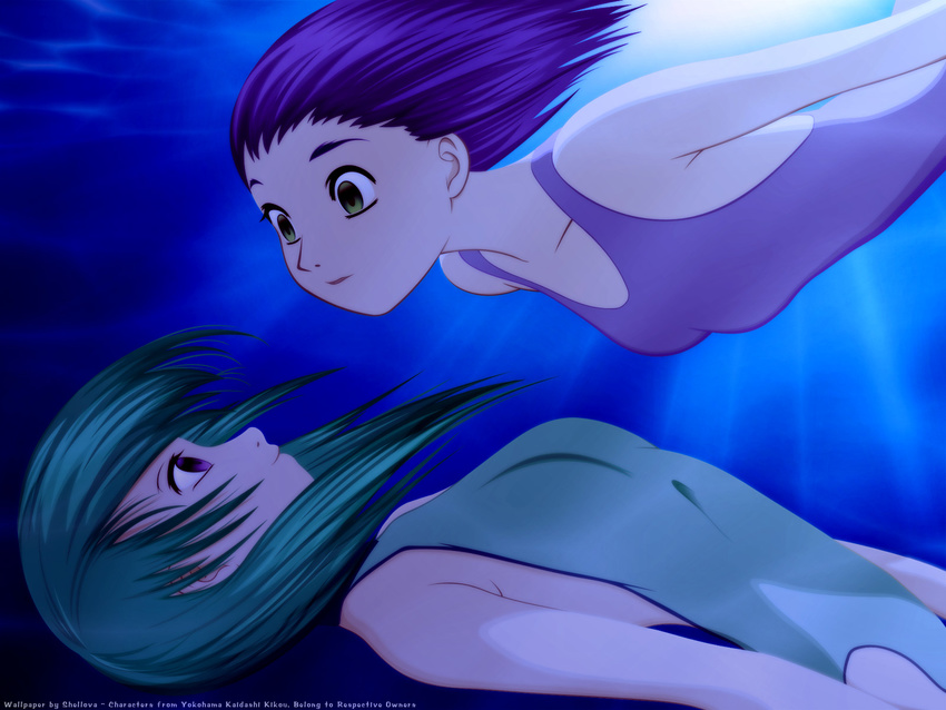 blue green_hair hatsuseno_alpha purple_hair swimsuit underwater yokohama_kaidashi_kikou