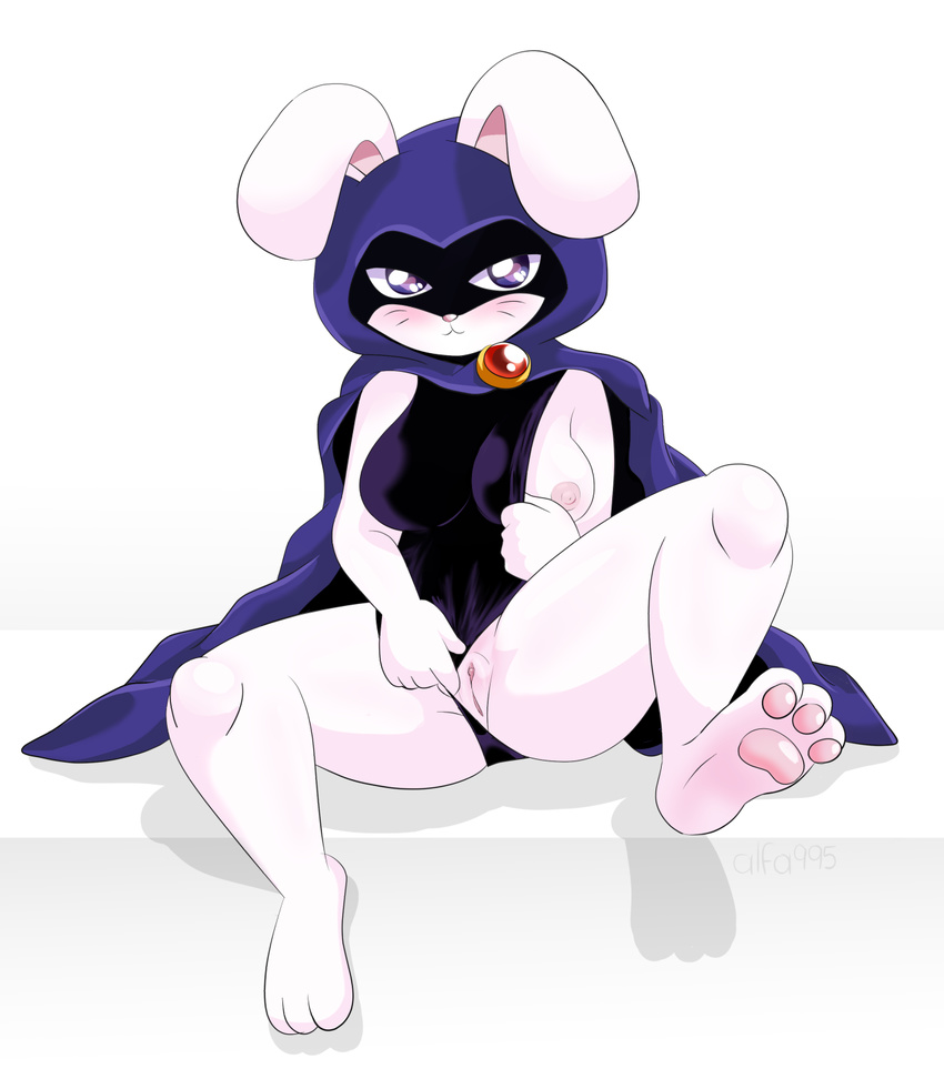 2016 3_toes alfa995 anthro anthrofied blush breasts bunny_raven cape clitoris clothing dc_comics female hi_res hood lagomorph mammal nipples one_breast_out pawpads presenting presenting_pussy purple_eyes pussy rabbit raven_(teen_titans) simple_background sitting smile solo spread_legs spreading tight_clothing toes white_background