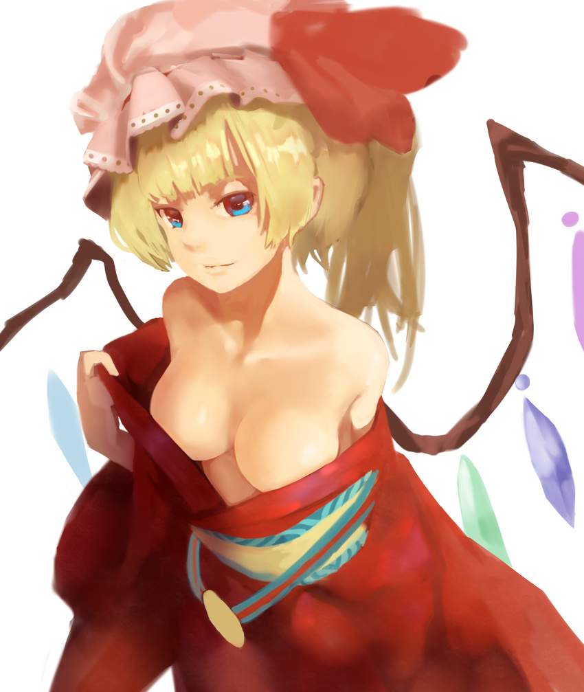 absurdres bangs bare_shoulders blonde_hair blue_eyes bow breasts cleavage closed_mouth collarbone flandre_scarlet hand_up hat hat_bow hat_ribbon highres japanese_clothes kimono kimono_pull long_sleeves looking_at_viewer medium_breasts mob_cap obi off_shoulder pulled_by_self red_kimono red_ribbon ribbon sash side_ponytail simple_background smile solo touhou white_background wide_sleeves wings xii_yashizhongzhan