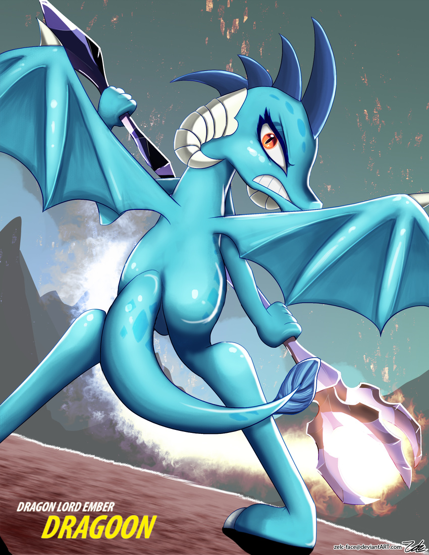 2016 angry anthro butt dragon english_text female friendship_is_magic hi_res holding_object horn looking_at_viewer mountain my_little_pony outside princess_ember_(mlp) rear_view scalie scepter slit_pupils solo spread_wings text wings zelc-face