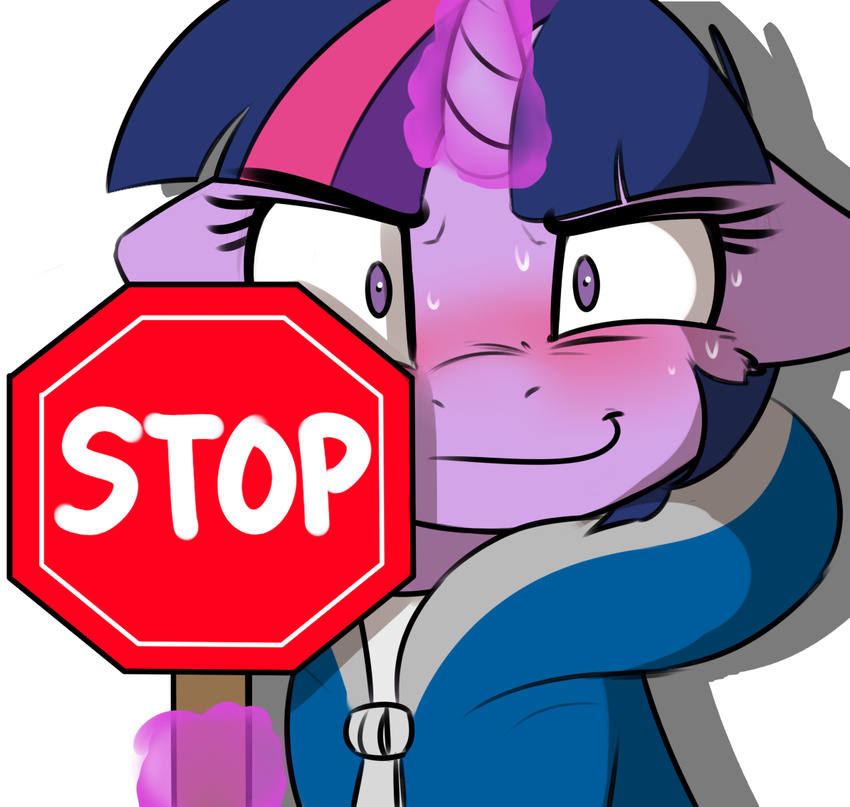 blush captainpudgemuffin clothed clothing equine female friendship_is_magic hair horn looking_at_viewer mammal my_little_pony purple_eyes purple_hair reaction_image simple_background smile solo sweat twilight_sparkle_(mlp) unicorn white_background