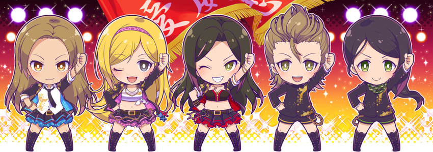 arm_up black_hair black_legwear black_neckwear blonde_hair blue_eyes brown_eyes brown_hair chibi commentary_request enjin eyebrows eyebrows_visible_through_hair fujimoto_rina green_eyes hairband hand_on_hip idolmaster idolmaster_cinderella_girls idolmaster_cinderella_girls_starlight_stage katsuma_rei kimura_natsuki long_hair long_sleeves looking_at_viewer matsunaga_ryou midriff mukai_takumi multiple_girls necktie one_eye_closed open_mouth short_sleeves smile yamato_aki