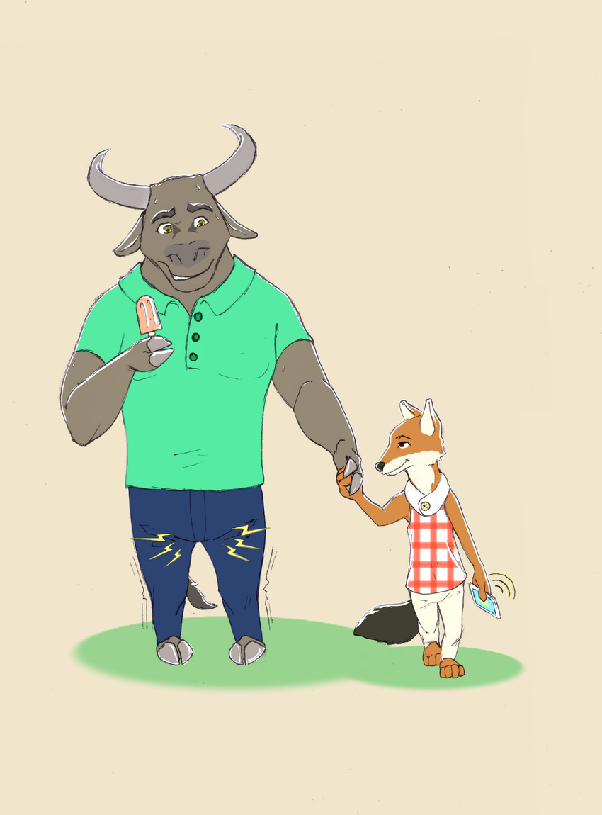 9x9 canine cellphone cock_and_ball_torture cuon dhole disney electric_shock eye_contact food male mammal phone popsicle romantic_couple shaking simple_background size_difference smile sweat water_buffalo zootopia
