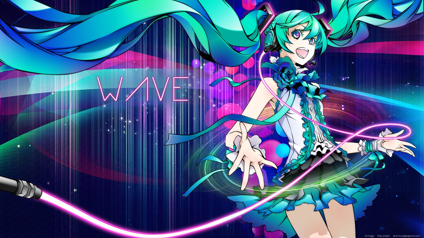 1girl aqua_hair blue_eyes female flower glowing hatsune_miku headphones highres long_hair makeup miwa_shirou open_mouth outstretched_hand purple_eyes rose smile solo twintails vocaloid waving