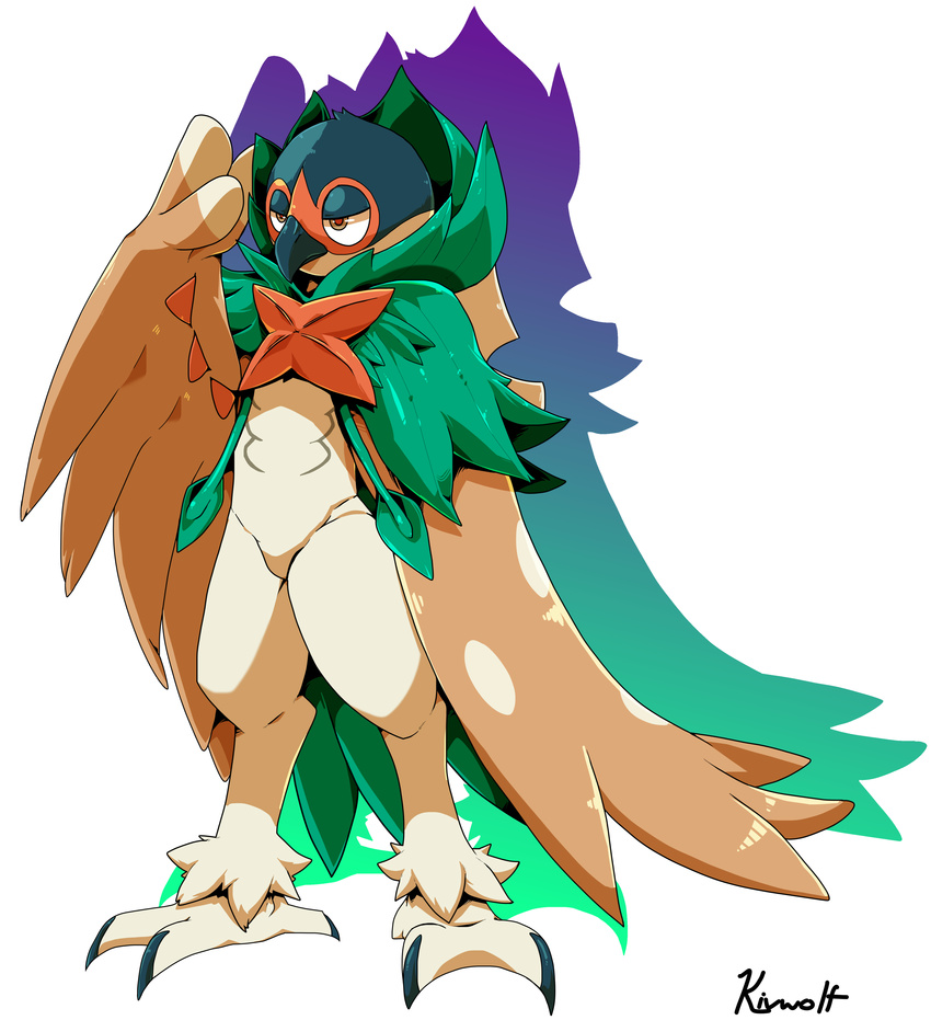 3_fingers avian beak brown_feathers clothing decidueye feathers green_feathers hoodie kivwolf nintendo pok&eacute;mon video_games