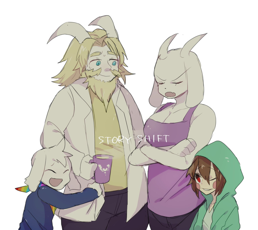 4_fingers adopted ambiguous_gender angry anthro asgore_dreemurr asriel_dreemurr beard beverage big_breasts blonde_hair blue_eyes blush boss_monster breasts brown_hair caprine chara_(undertale) child clothed clothing coffee coffee_mug crossed_arms cub english_text eyes_closed facial_hair family father female fully_clothed fur goat group hair hair_tuft handkerchief happy hoodie horn hug human humanoid husband lab_coat legwear long_ears male mammal married mature_female mature_male mother mustache nazo_dawa one_eye_closed open_mouth pants parent red_eyes simple_background slightly_chubby storyshift stripes sweat teeth text toriel undertale video_games white_background white_fur wife young