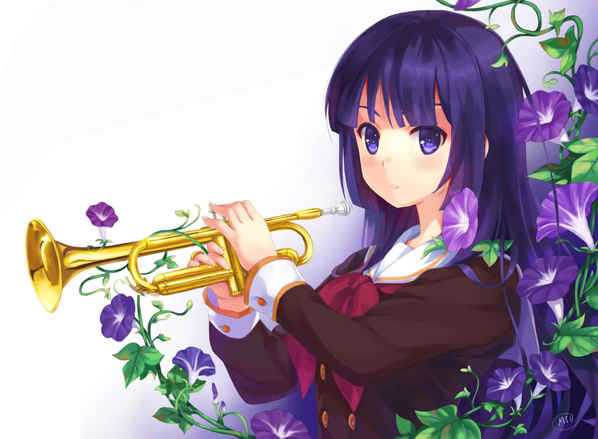 absurdres blue_eyes blue_hair blush flower from_side hibike!_euphonium highres holding holding_instrument instrument kousaka_reina long_hair long_sleeves looking_at_viewer looking_to_the_side miu_(pixiv4149478) neckerchief parted_lips red_neckwear school_uniform serafuku solo trumpet upper_body