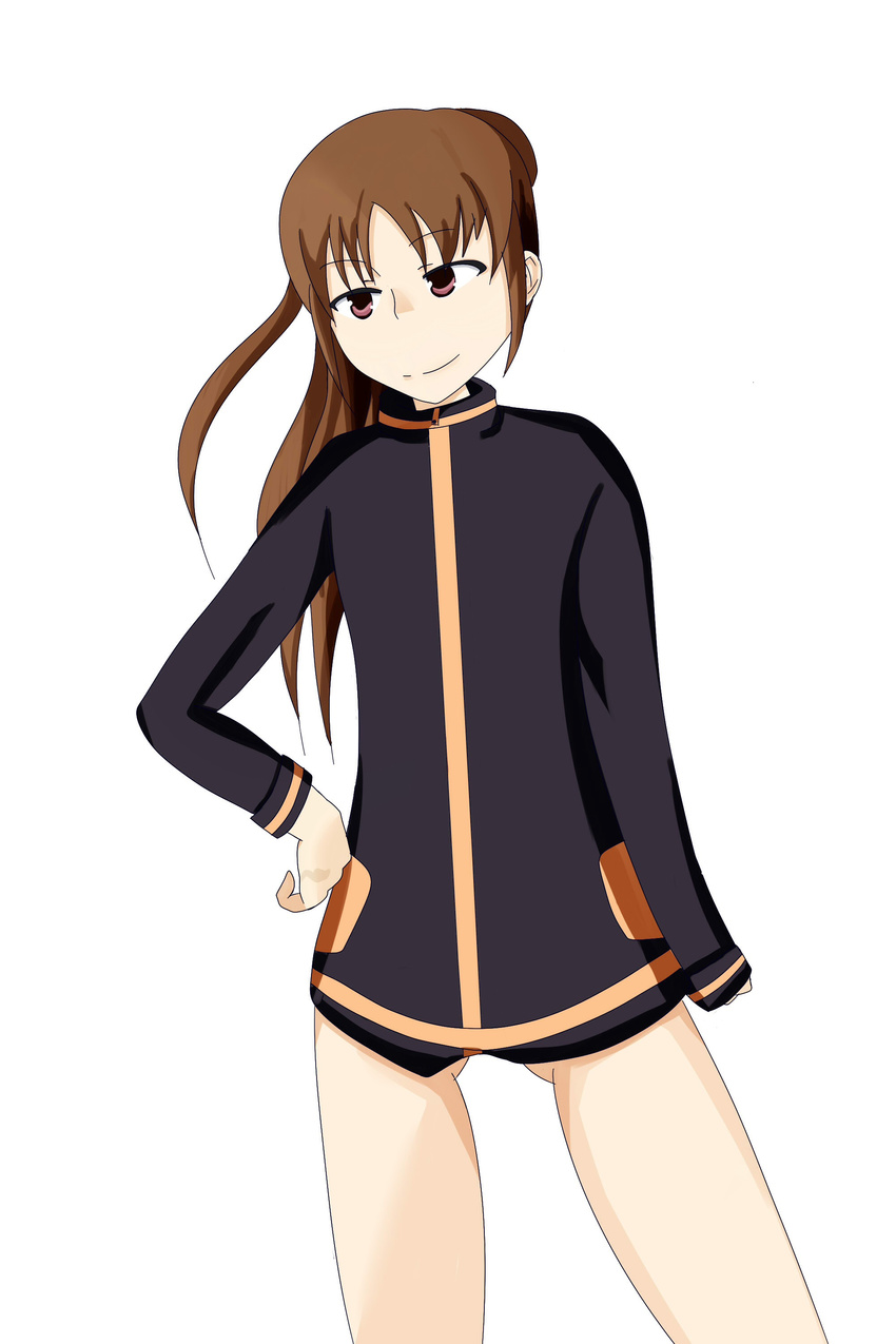 1girl bare_legs bottomless long_sleeves naked_track_jacket no_panties no_pants nude takakamo_shizuno