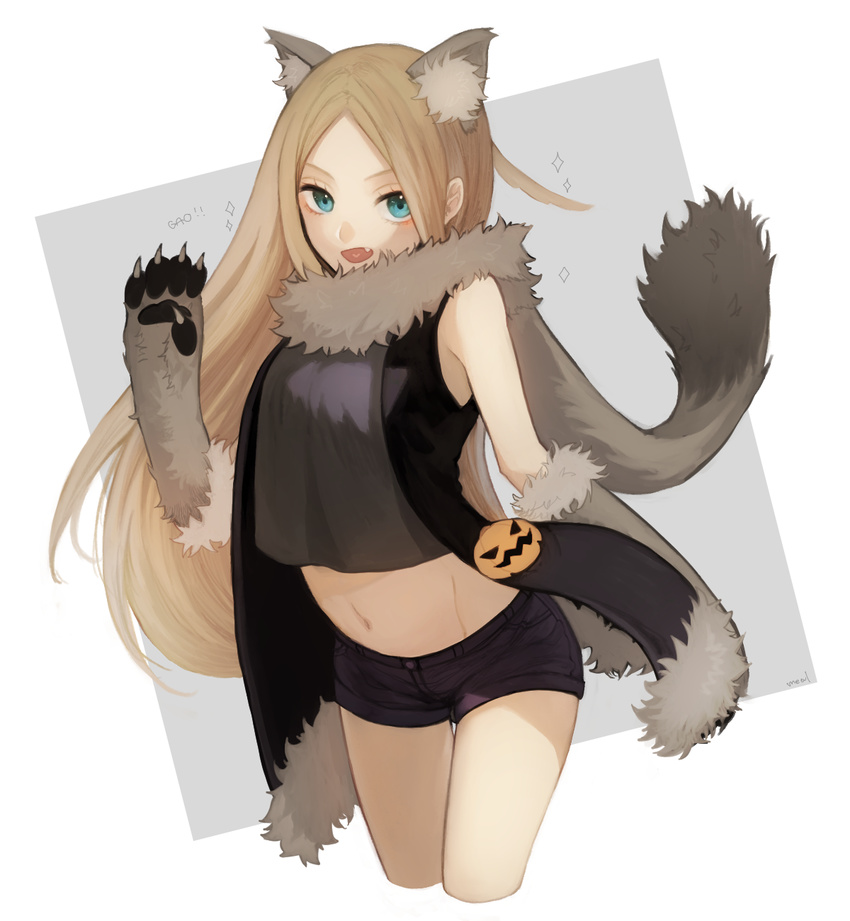 animal_ears bangs black_shorts blue_eyes breasts brown_hair crop_top crop_top_overhang cropped_legs curry_gohan eyelashes fang fur_trim gloves halloween heart heart_in_mouth highres jack-o'-lantern konami_kirie light_brown_hair long_hair looking_at_viewer medium_breasts midriff paw_gloves paws scarf shorts sleeveless solo sparkle square stomach tail thigh_gap very_long_hair white_background wolf_ears wolf_tail world_trigger