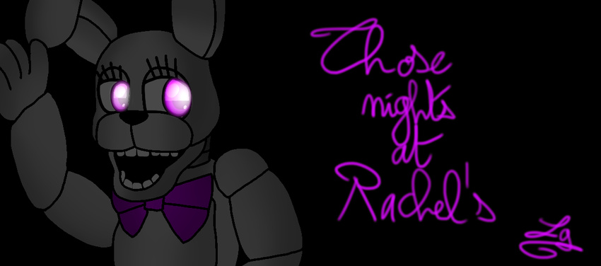 2016 animatronic anthro black_background black_nose bow_tie clothed clothing dashiathebunny eyelashes fan_character female five_nights_at_freddy's fur glowing glowing_eyes grey_fur lagomorph long_ears machine mammal multicolored_fur open_mouth purple_eyes rabbit rachel_the_rabbit_(tnar) robot signature simple_background teeth those_nights_at_rachel's video_games
