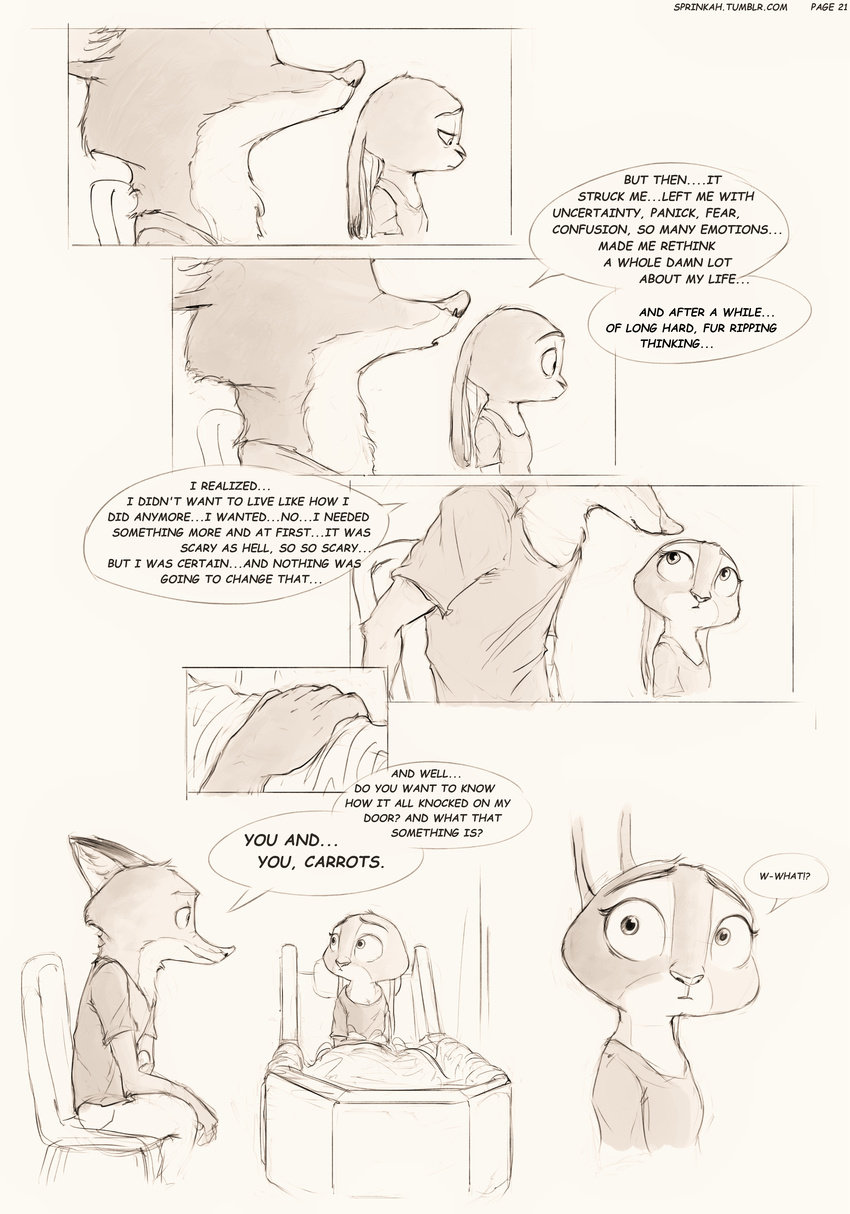 2016 anthro black_and_white canine clothed clothing comic dialogue disney duo english_text female fox hi_res judy_hopps lagomorph male mammal monochrome nick_wilde rabbit smile sprinkah text zootopia