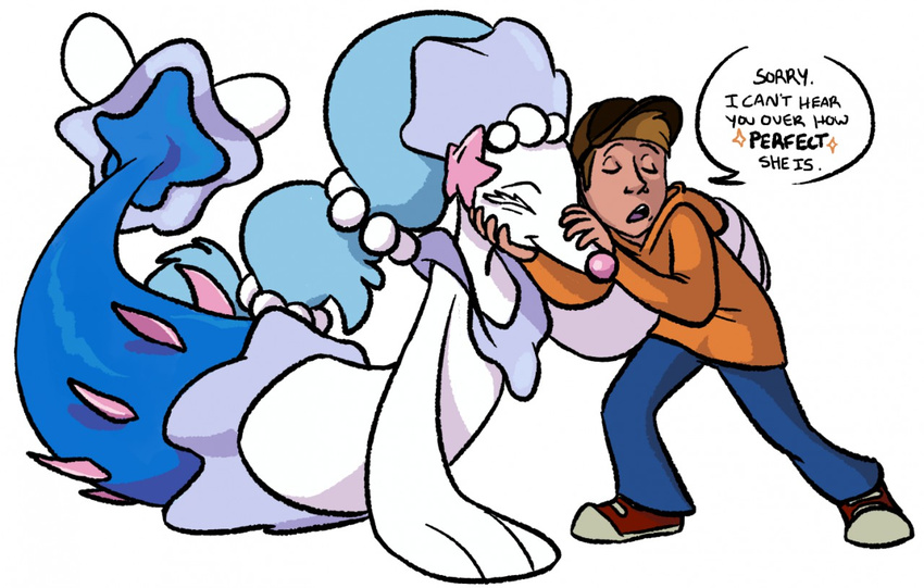 2016 abbystabby blue_hair blue_skin brown_hair clothing cute dialogue duo english_text eyes_closed female footwear hair hat human larger_female long_hair male mammal nintendo open_mouth pants petting pink_nose pok&eacute;mon primarina shoes simple_background size_difference smaller_male smile speech_bubble sweater text video_games white_background white_skin