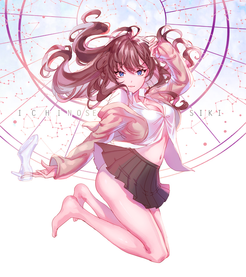 ahoge barefoot blue_eyes breasts brown_hair character_name cleavage dress_shirt glass_slipper hado_(gjdlsxor1) high_heels highres holding holding_shoes ichinose_shiki idolmaster idolmaster_cinderella_girls jacket jumping large_breasts long_hair looking_at_viewer messy_hair midriff open_clothes open_jacket open_shirt pleated_skirt school_uniform shirt shoes shoes_removed skirt solo thighs wavy_hair