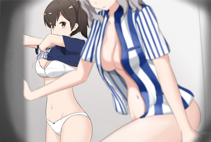 blur blurry bottomless bra breasts brown_eyes brown_hair depth_of_field employee_uniform grey_hair highres kaga_(kantai_collection) kantai_collection kashima_(kantai_collection) lawson looking_at_another medium_breasts multiple_girls navel no_bra open_clothes open_shirt panties shirt short_hair short_sleeves side_ponytail underwear undressing uniform vipper_captain white_bra white_panties