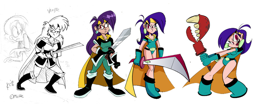 angry black_boots cape claws clothing ear_piercing female green_boots green_clothes hair kac melee_weapon mighty_magiswords not_furry piercing purple_eyes purple_hair smile sword vambre weapon yellow_headband