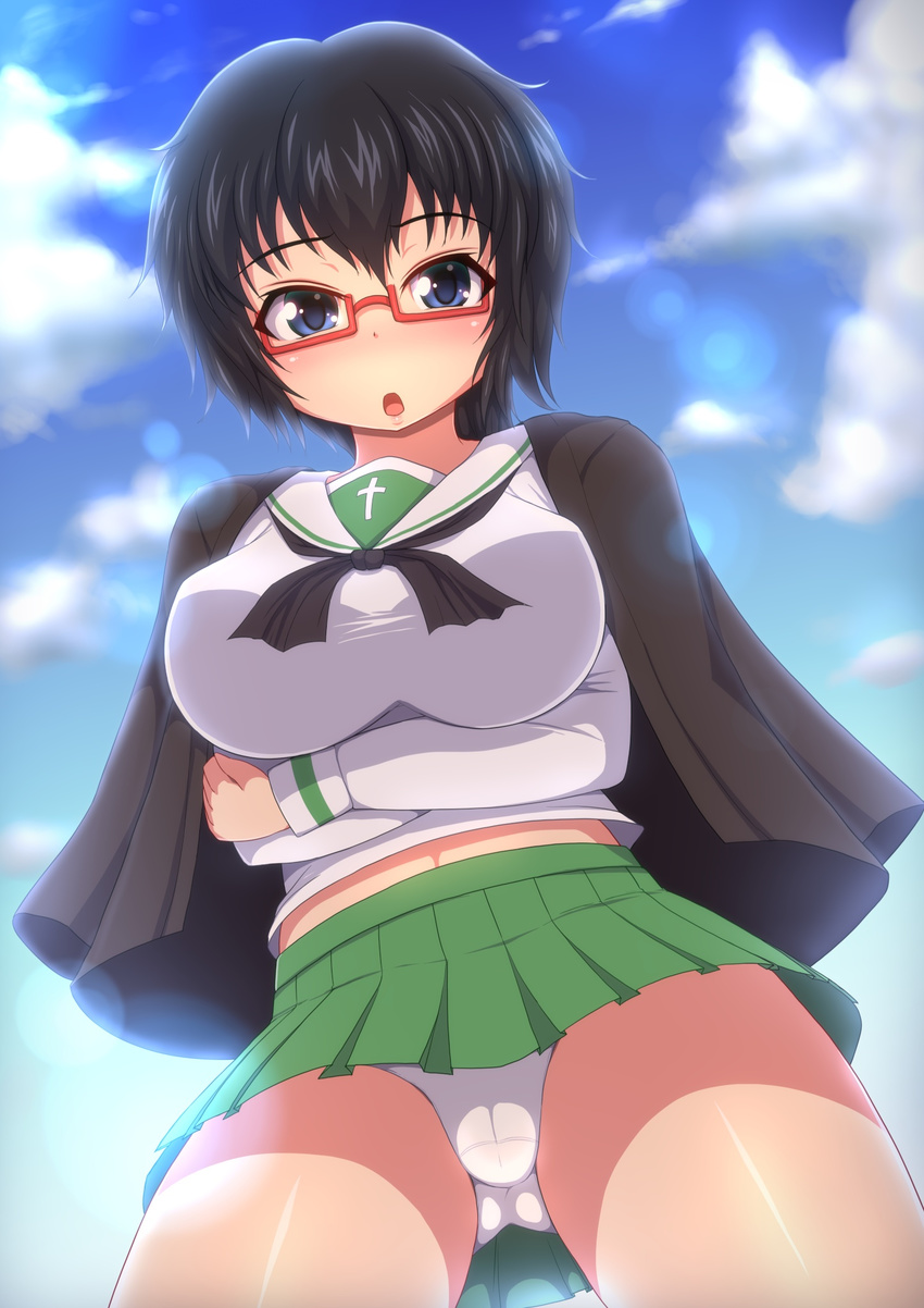 black_hair blue_eyes breasts cloud day girls_und_panzer glasses highres jacket large_breasts ooarai_school_uniform oryou_(girls_und_panzer) panties pantyshot pantyshot_(standing) ponpo red-framed_eyewear school_uniform sky solo standing underwear white_panties