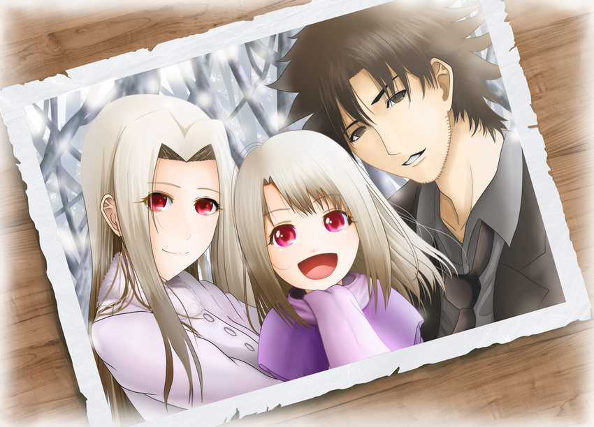 2girls beard black_eyes black_hair black_neckwear emiya_kiritsugu facial_hair fate/zero fate_(series) formal illyasviel_von_einzbern irisviel_von_einzbern kentaurosu long_hair multiple_girls necktie open_mouth photo red_eyes silver_hair smile snow spiked_hair suit tree