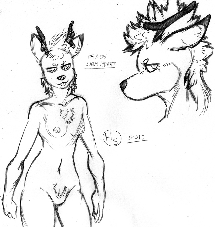 2016 antlers big_ears body_hair breasts cervine chest_hair chest_tuft dark_nose deer eyebrows eyeliner fur hair harpseal horn long_hair makeup mammal mohawk navel nipples nude numbers pointy_ears pubes signature spiky_hair standing teasing tongue tongue_out tracy_laim_heart tuft