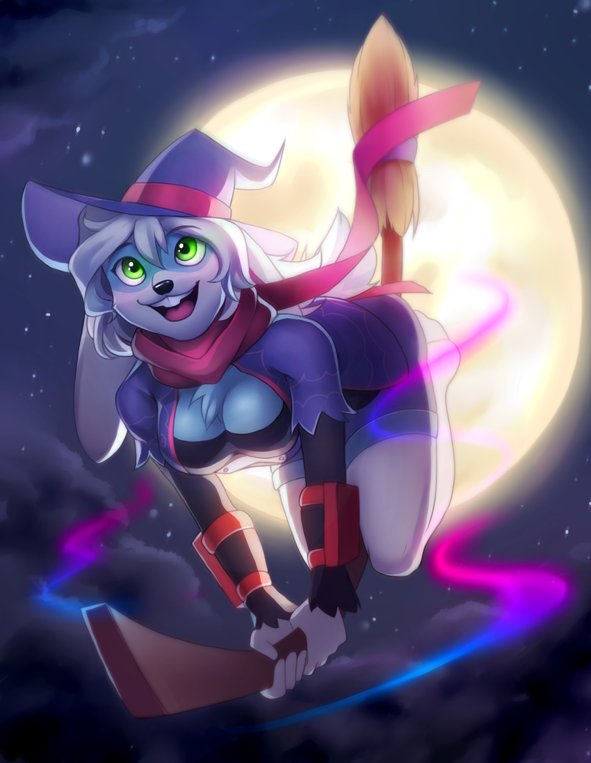 anthro breasts clothed clothing coff female halloween hat holidays mammal mouse night_sky open_mouth outside rodent smile solo tiffico witch_hat