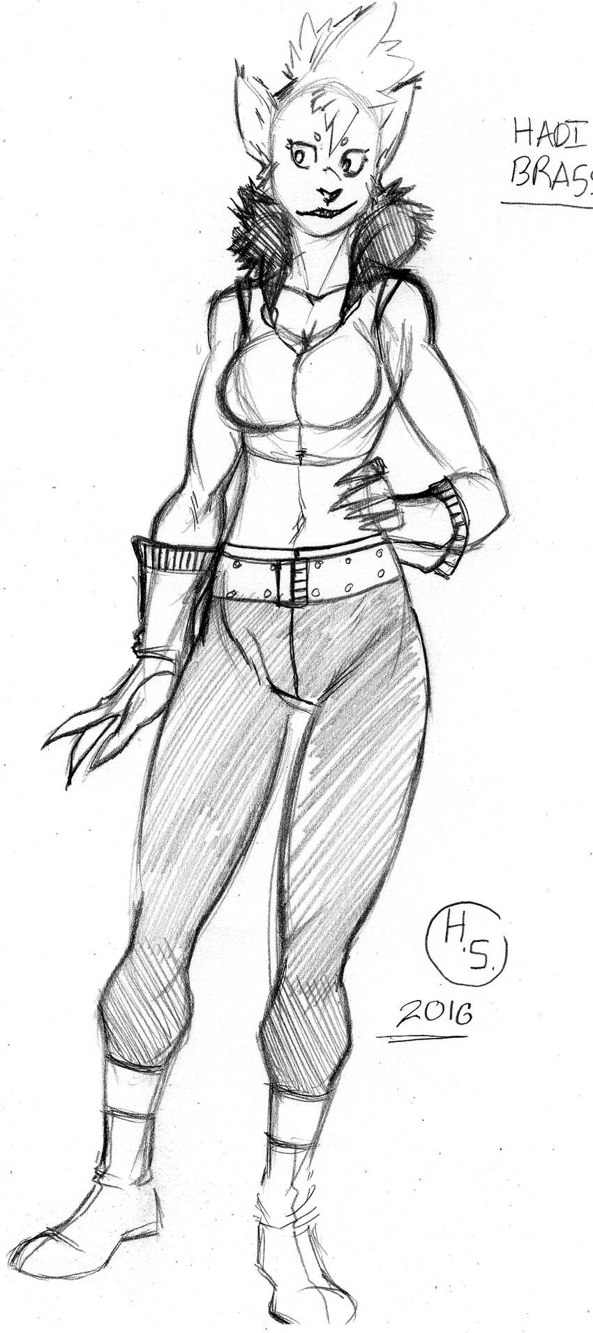 athletic_female belt boots breasts claws cleavage clothed clothing crop_top footwear fur_collar gloves hadi_brass hair harpseal hybrid hyena linx mammal mohawk navel numbers pants shirt smile smirk tall vest wide_hips year