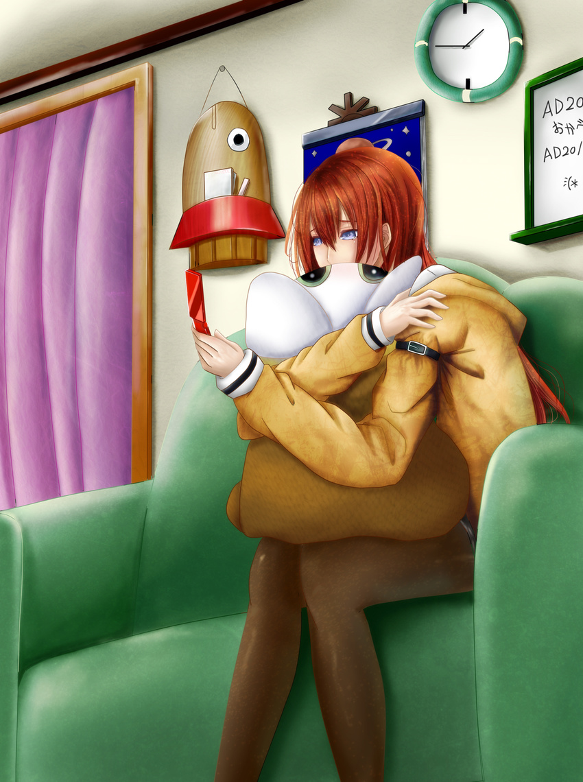 blue_eyes brown_hair brown_legwear cellphone clock hair_between_eyes highres holding holding_phone indoors kentaurosu long_hair makise_kurisu pantyhose phone sitting solo steins;gate