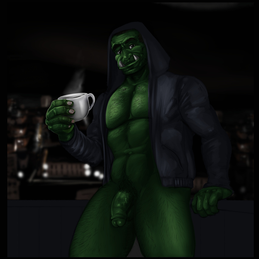 beverage body_hair clothed clothing coffee holding_object hoodie humanoid male not_furry open_shirt orc partially_retracted_foreskin penis presenting pubes solo tusks uncut vein veiny_penis vhyena