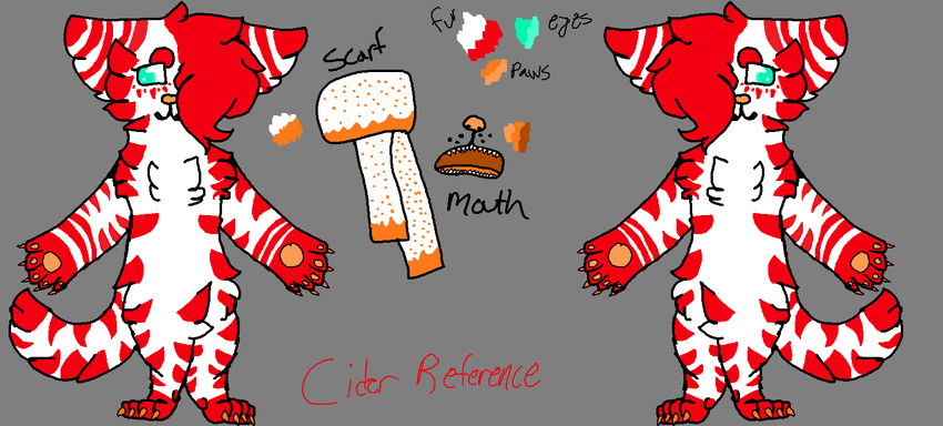 anthro appl3c1der blue_eyes canine cider claws female fur mammal model_sheet orange_nose orange_pawpads orange_tongue pawpads paws red_stripes scarf stripes teeth white_fur wolf