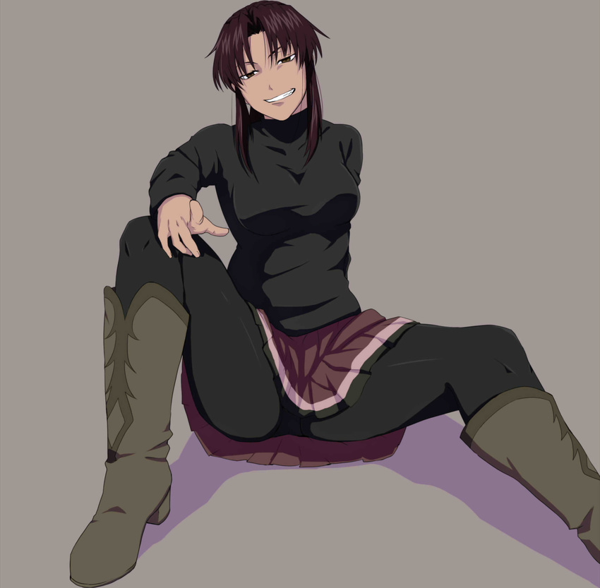 1girl black_lagoon boots brown_hair long_hair looking_at_viewer revy_(black_lagoon) sitting skirt smile solo spread_legs