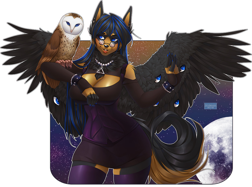 anthro avian bird canine clothed clothing duo eyewear feathered_wings feathers female feral gizmo0sue glasses hybrid jewelry mammal necklace owl smile standing wings