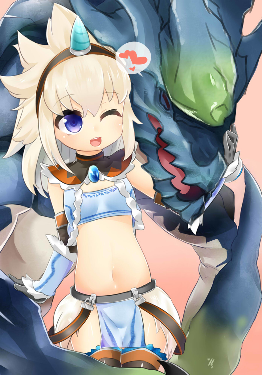 1girl blue_eyes brachydios capcom heart horn kirin_(armor) midriff monster monster_hunter monster_hunter_4 navel open_mouth smile spoken_heart white_hair winking