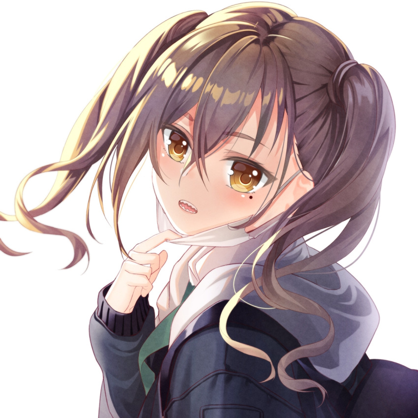 1girl bangs black_jacket blush brown_eyes brown_hair commentary_request dhfz181 eyebrows_visible_through_hair from_side green_neckwear hair_between_eyes hair_tie head_tilt highres hood hood_down hooded_jacket idolmaster idolmaster_cinderella_girls jacket long_hair long_sleeves looking_at_viewer looking_to_the_side mask_pull necktie open_mouth sharp_teeth simple_background solo sunazuka_akira surgical_mask teeth twintails upper_body white_background