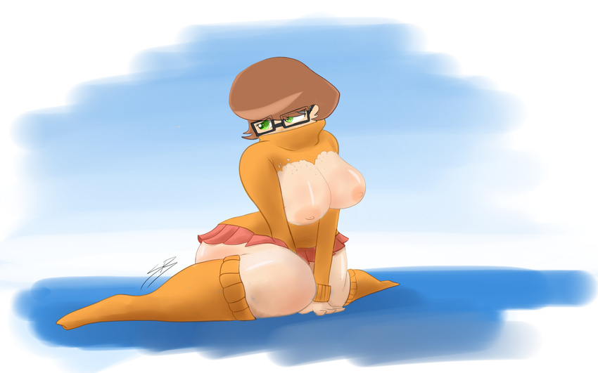 big_breasts breasts brown_hair clothed clothing eyewear female freckles glasses hair human mammal nipples not_furry scooby-doo_(series) skirt solo tagme thant_(artist) turtleneck velma_(scooby-doo)