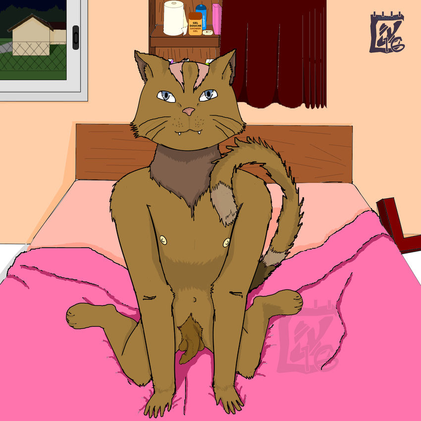 bed bedroom blue_eyes brown_skin cat feline invalid_color male mammal nipples penis perv pink_skin