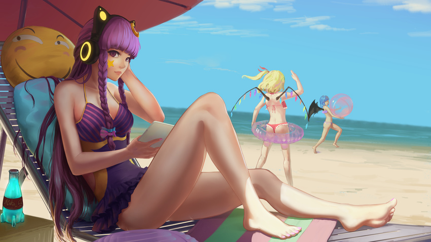 animal_ears axent_wear back ball bangs bare_legs barefoot bat_wings beach beach_chair beachball bikini black_wings blue_sky blunt_bangs bottle bow braid breasts cat_ear_headphones closed_mouth cloud crescent crescent_hair_ornament day fake_animal_ears fallout feet flandre_scarlet frilled_swimsuit frills glowing hair_bow hair_ornament halterneck hand_on_head hand_up headphones highres holding horizon innertube knee_up legs_apart liquid long_hair looking_at_viewer multiple_girls nail_polish nuka_cola nuka_cola_quantum ocean one-piece_swimsuit one_side_up outdoors patchouli_knowledge pillow pink_nails purple_bikini purple_eyes purple_hair purple_swimsuit red_bikini remilia_scarlet running sand sarena shade short_hair siblings side_braid side_cutout sisters sitting sky small_breasts smiley_face solo_focus standing striped striped_bow striped_swimsuit swimsuit tablet_pc toenail_polish touhou transparent twin_braids very_long_hair wings