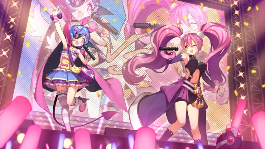 amy_(grand_chase) armpits artist_request bare_shoulders bracelet detached_sleeves grand_chase highres idol jewelry microphone navel_cutout pink_hair sofia_(grand_chase) stage sweatdrop twintails vs yellow_eyes