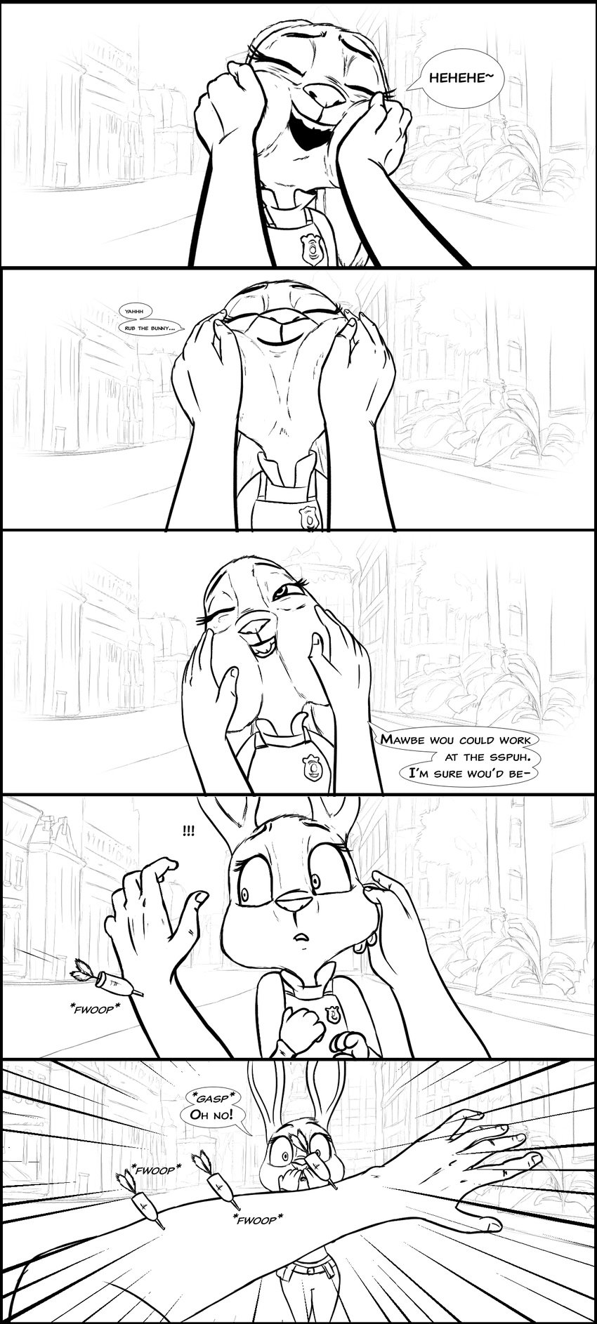 anthro black_and_white comic dialogue disney first_person_view human judy_hopps mammal monochrome streets vinoda zootopia