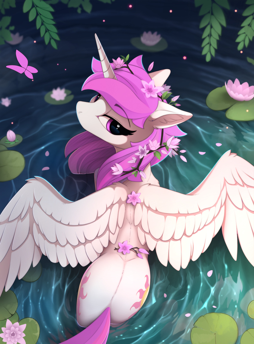 2018 ambient_butterfly ambient_insect arthropod butt butterfly cutie_mark digital_media_(artwork) edit equine eyelashes feathered_wings feathers female feral flower flower_in_hair friendship_is_magic hair hi_res horn insect lepidopteran lily_pad looking_at_viewer looking_back mammal my_little_pony partially_submerged pink_hair plant princess_celestia_(mlp) purple_eyes solo spread_wings sun_marking water white_feathers winged_unicorn wings yakovlev-vad