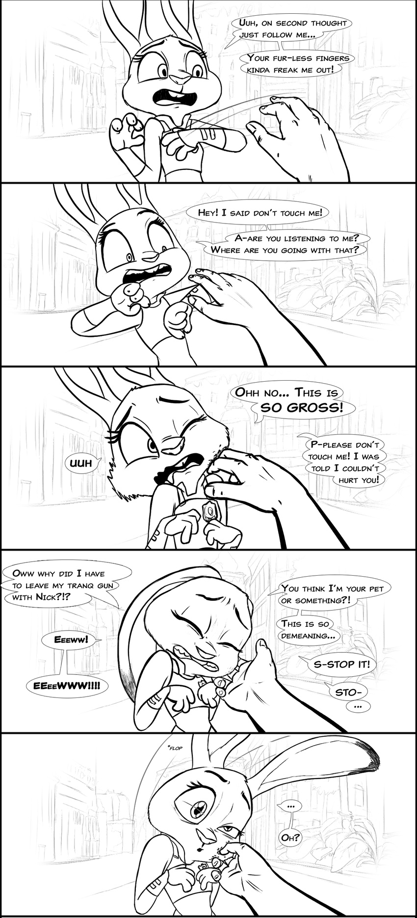 anthro black_and_white comic dialogue disney first_person_view human judy_hopps mammal monochrome streets vinoda zootopia