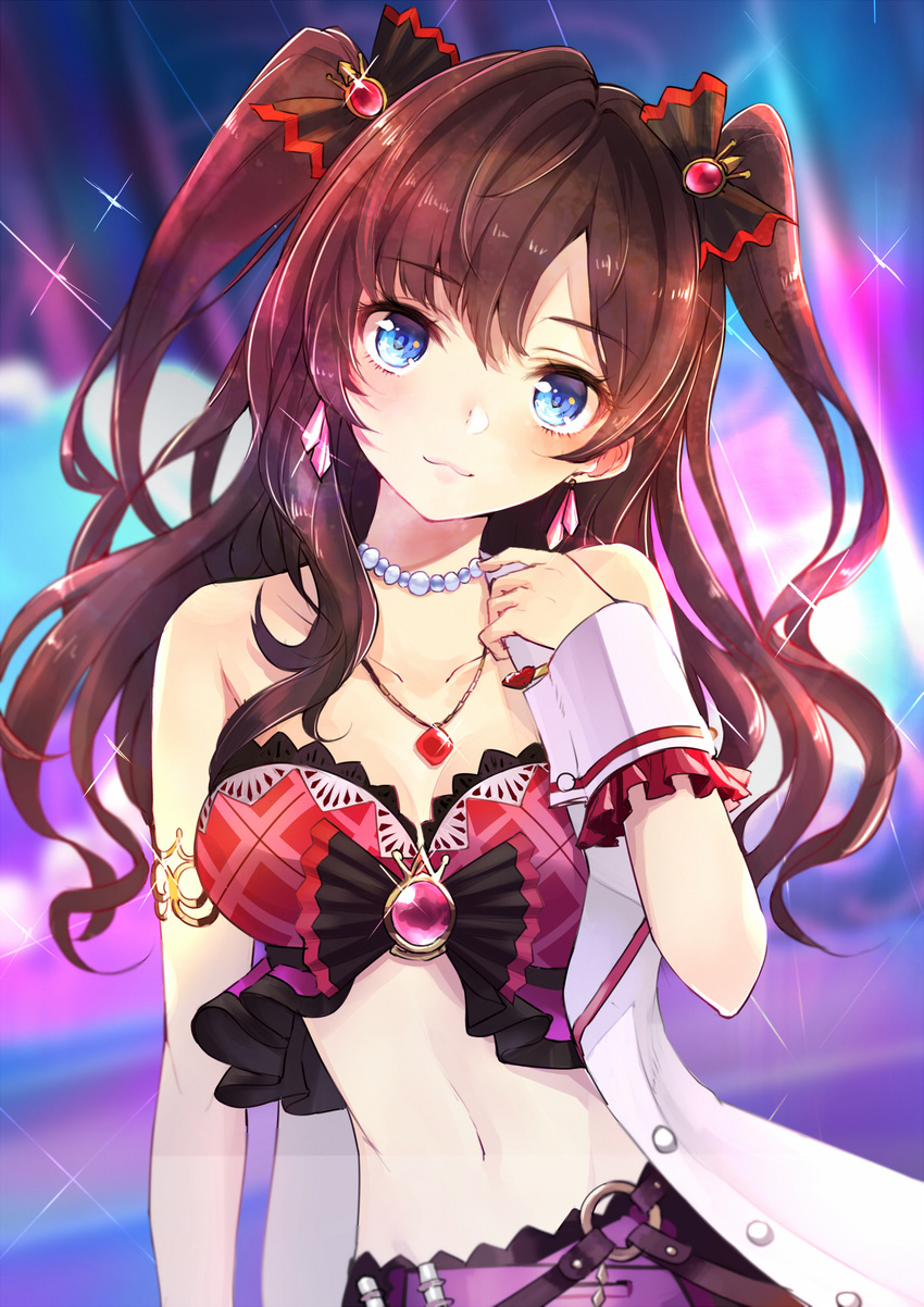 :3 armlet bare_shoulders bead_necklace beads black_bow blue_eyes blush bow breasts brooch brown_hair bustier cleavage closed_mouth collarbone earrings hair_bow hanamuke head_tilt highres ichinose_shiki idol idolmaster idolmaster_cinderella_girls jewelry long_hair looking_at_viewer medium_breasts midriff navel necklace pendant smile solo stomach two_side_up upper_body wrist_cuffs