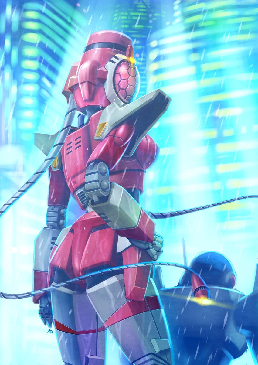 1girl ass blader breasts building cable city_lights cityscape cyberpunk hand_on_hip highres large_breasts lens_flare looking_back mecha mercy_rabbit night rain realistic robot scanny science_fiction signature techno_police_21c technoid water