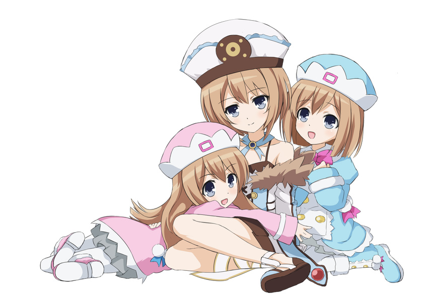 blanc blue_eyes brown_hair happy hat highres multiple_girls neptune_(series) ram_(choujigen_game_neptune) rom_(choujigen_game_neptune) siblings sisters smile transparent_background x_k_o