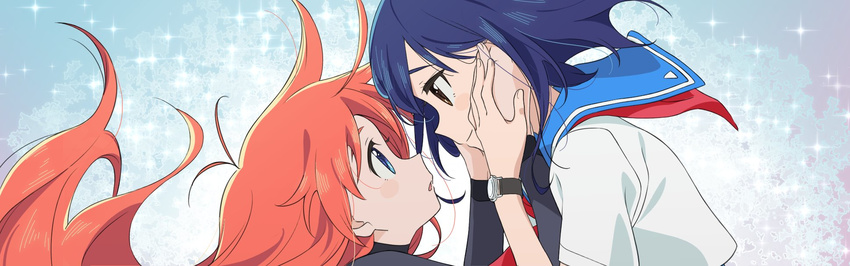 black_shirt blue_background blue_eyes blue_hair blush brown_eyes choker eye_contact face-to-face flip_flappers hands_on_another's_face highres holding_hand kokomine_cocona long_hair long_sleeves looking_at_another looking_down looking_up multiple_girls neckerchief open_mouth orange_hair papika_(flip_flappers) sailor_collar school_uniform serafuku shirt short_hair short_sleeves smile sparkle tareme uraketa watch yuri