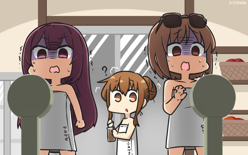 2girls ? bottle brown_eyes brown_hair character_name chocolate_milk commentary_request cowboy_shot dated eyebrows_visible_through_hair eyewear_on_head fumizuki_(kantai_collection) hamu_koutarou highres kamikaze_(kantai_collection) kantai_collection long_hair multiple_girls naked_towel natori_(kantai_collection) open_mouth purple_eyes purple_hair shaded_face short_hair sliding_doors sunglasses sweat sweating_profusely towel trembling weighing_scale weight_conscious white_towel