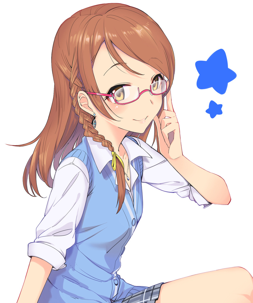 adjusting_eyewear alternate_hairstyle blouse blue_vest braid brown_eyes brown_hair glasses haruichi highres houjou_karen idolmaster idolmaster_cinderella_girls long_hair looking_at_viewer red-framed_eyewear school_uniform simple_background sleeves_folded_up smile solo vest white_blouse