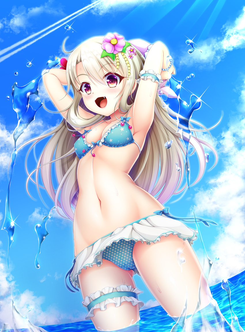 :d ahoge arm_garter armpits arms_up ass_visible_through_thighs bikini bikini_skirt blonde_hair blue_bikini blue_sky bracelet breasts cameltoe cleavage cloud collarbone condensation_trail covered_nipples cowboy_shot day dutch_angle eyelashes fang fate/kaleid_liner_prisma_illya fate_(series) flower gradient_hair hair_between_eyes hair_flower hair_ornament highres hiro_(725611) holding illyasviel_von_einzbern jewelry leg_garter light_rays long_hair looking_at_viewer multicolored multicolored_eyes multicolored_hair navel ocean open_mouth outdoors pearl_bracelet pink_hair purple_eyes red_eyes sky small_breasts smile solo sparkle splashing star star_print stomach summer sunlight swimsuit very_long_hair wading water water_drop