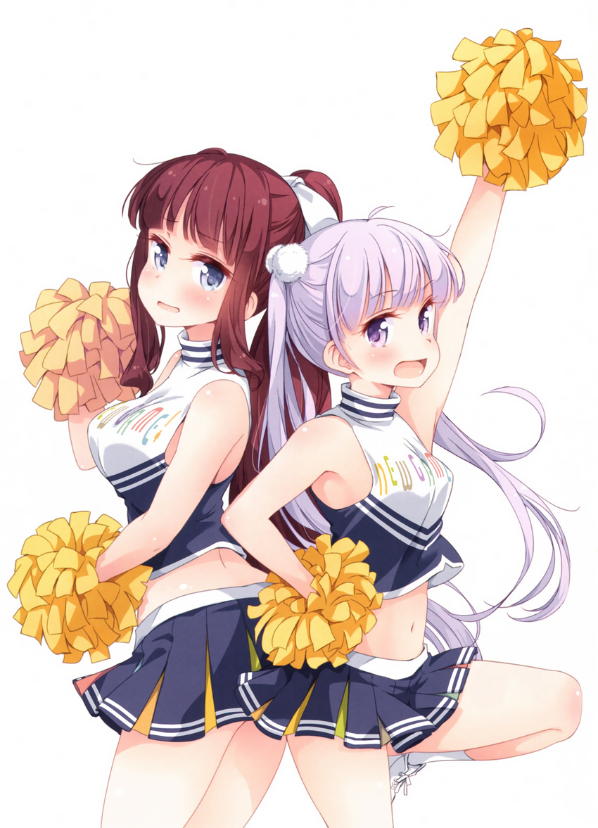 absurdres arm_up bare_shoulders black_skirt blue_eyes brown_hair cheerleader crop_top crop_top_overhang eyebrows eyebrows_visible_through_hair hair_bobbles hair_ornament hand_on_hip highres leg_up long_hair looking_at_viewer midriff multiple_girls navel new_game! official_art open_mouth pleated_skirt pom_poms ponytail purple_eyes purple_hair shiny shiny_skin shoes simple_background skirt sleeveless socks suzukaze_aoba takimoto_hifumi tokunou_shoutarou twintails very_long_hair white_background white_footwear white_legwear