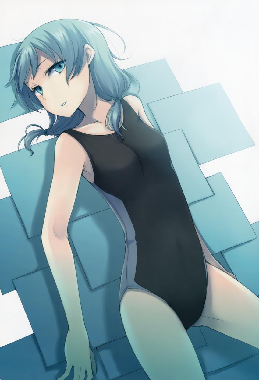 absurdres aqua ayakura_juu black_swimsuit breasts cleavage collarbone competition_swimsuit covered_navel cowboy_shot green_eyes green_hair hair_ornament hair_over_shoulder highres huge_filesize looking_at_viewer low_twintails medium_breasts one-piece_swimsuit original parted_lips sidelocks solo swimsuit twintails