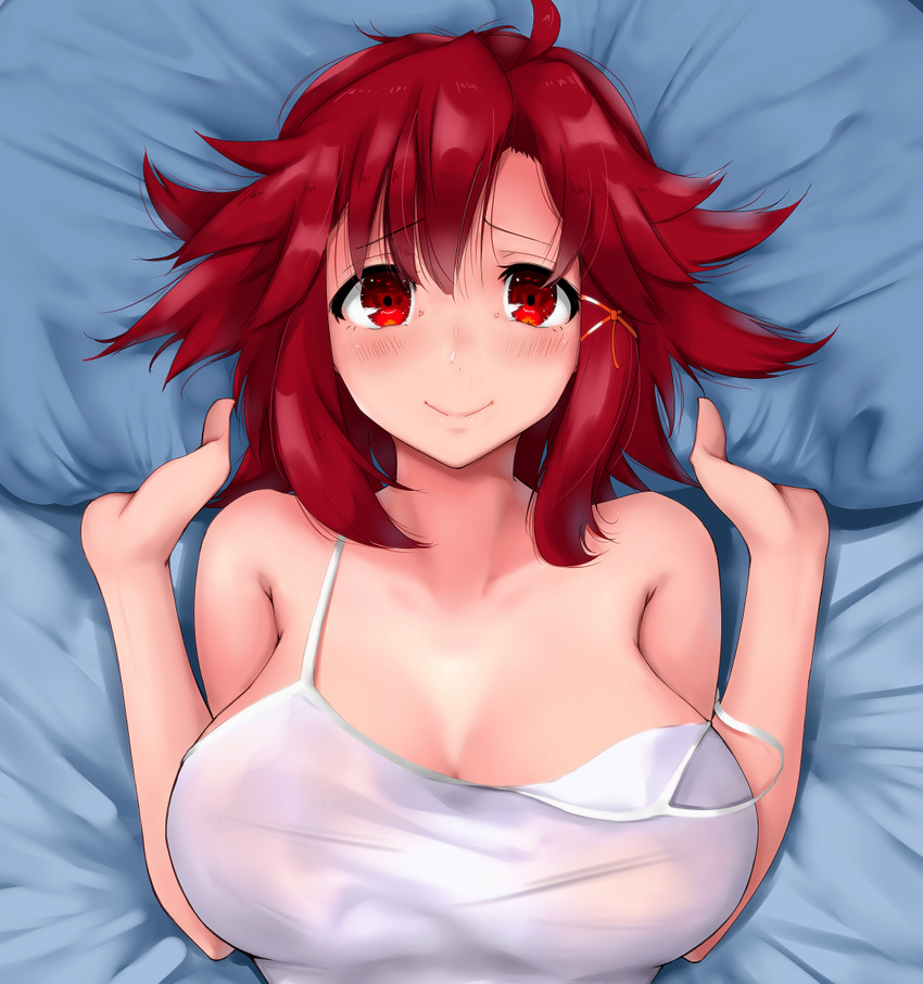 bangs bed_sheet blush breasts bush cleavage collarbone hair_ribbon izetta large_breasts looking_at_viewer lying on_back pillow pillow_grab red_eyes red_hair ribbon rocha_(aloha_ro_cha) short_hair shuumatsu_no_izetta smile solo strap_slip