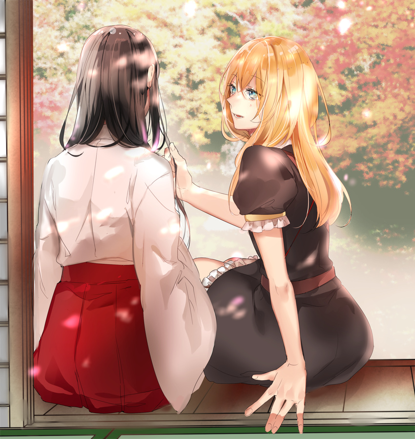 1girl absurdres blonde_hair blue_eyes brown_hair dress female_saniwa_(touken_ranbu) from_behind highres japanese_clothes long_hair midare_toushirou miko open_mouth otoko_no_ko petals prin_dog saniwa_(touken_ranbu) sitting sliding_doors smile touken_ranbu