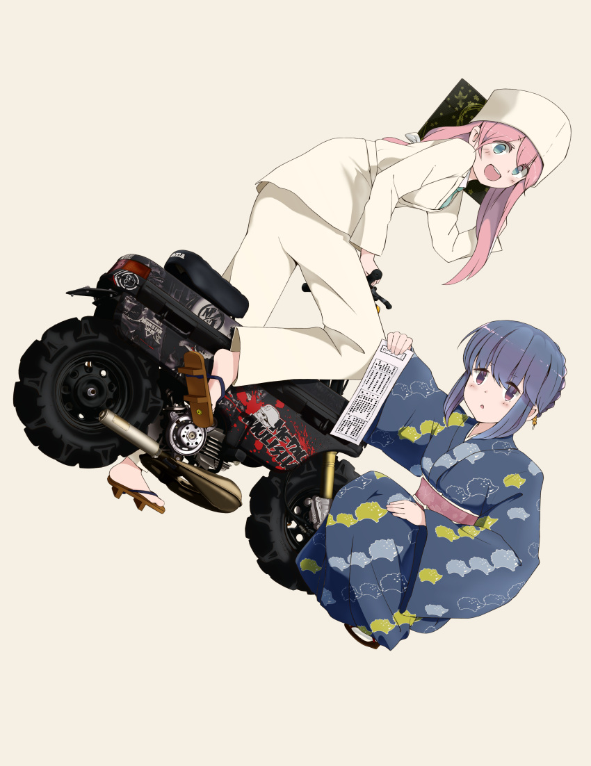 2girls :d absurdres alternate_hairstyle balladeluce bangs blue_eyes blue_hair brown_footwear dutch_angle geta happy_new_year hat highres japanese_clothes kagamihara_nadeshiko kimono long_sleeves looking_at_viewer medium_hair motocompo multiple_girls new_year open_mouth shima_rin sidelocks simple_background smile squatting white_hat wide_sleeves yurucamp